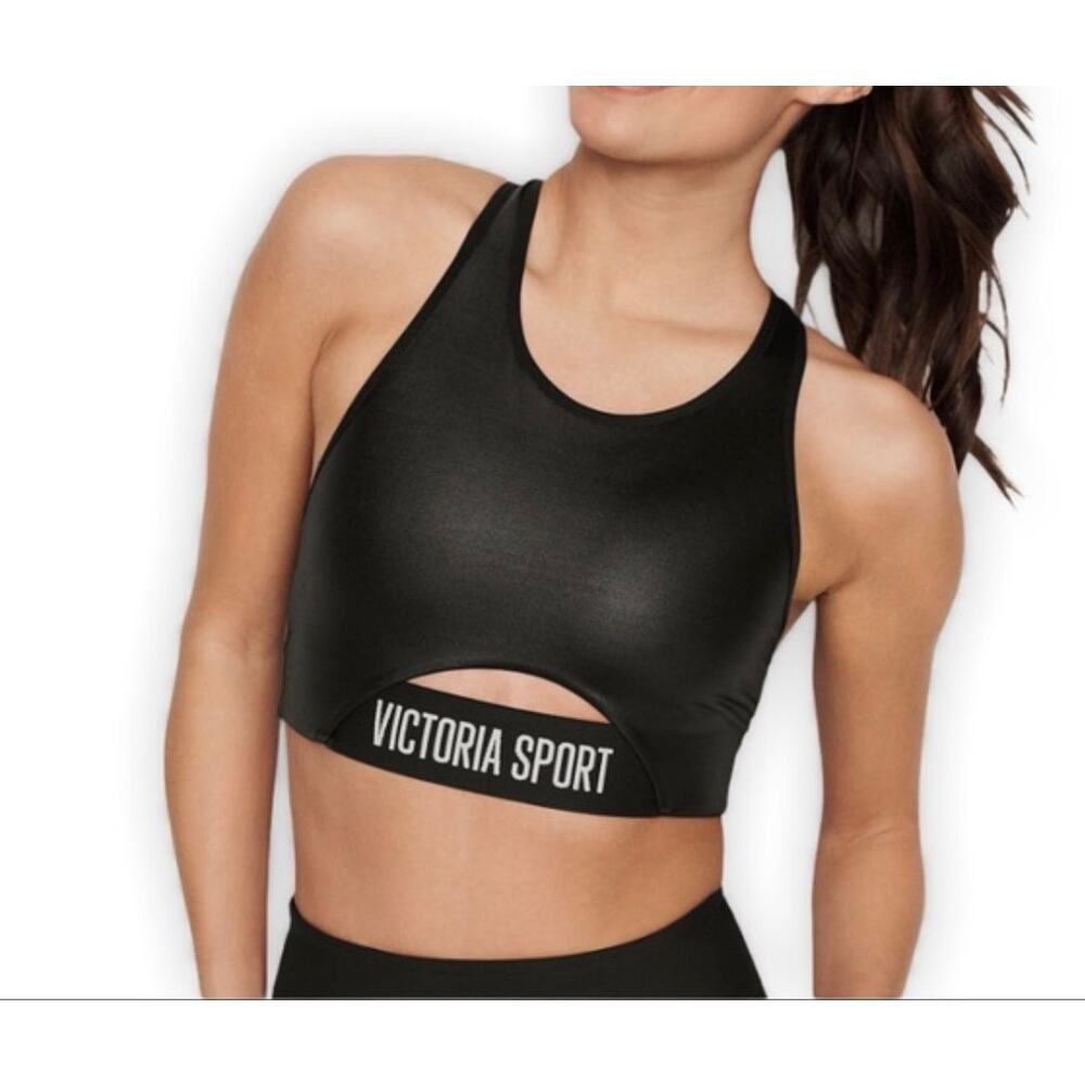 Victoria Sport "The Player" Racerback Sports Bra - Black Shiny Metallic Cutout M - Picture 1 of 6